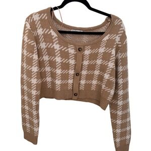 Astar Cropped Plaid Cardigan Sweater Brown White Scoop Neck Button‎ Front M